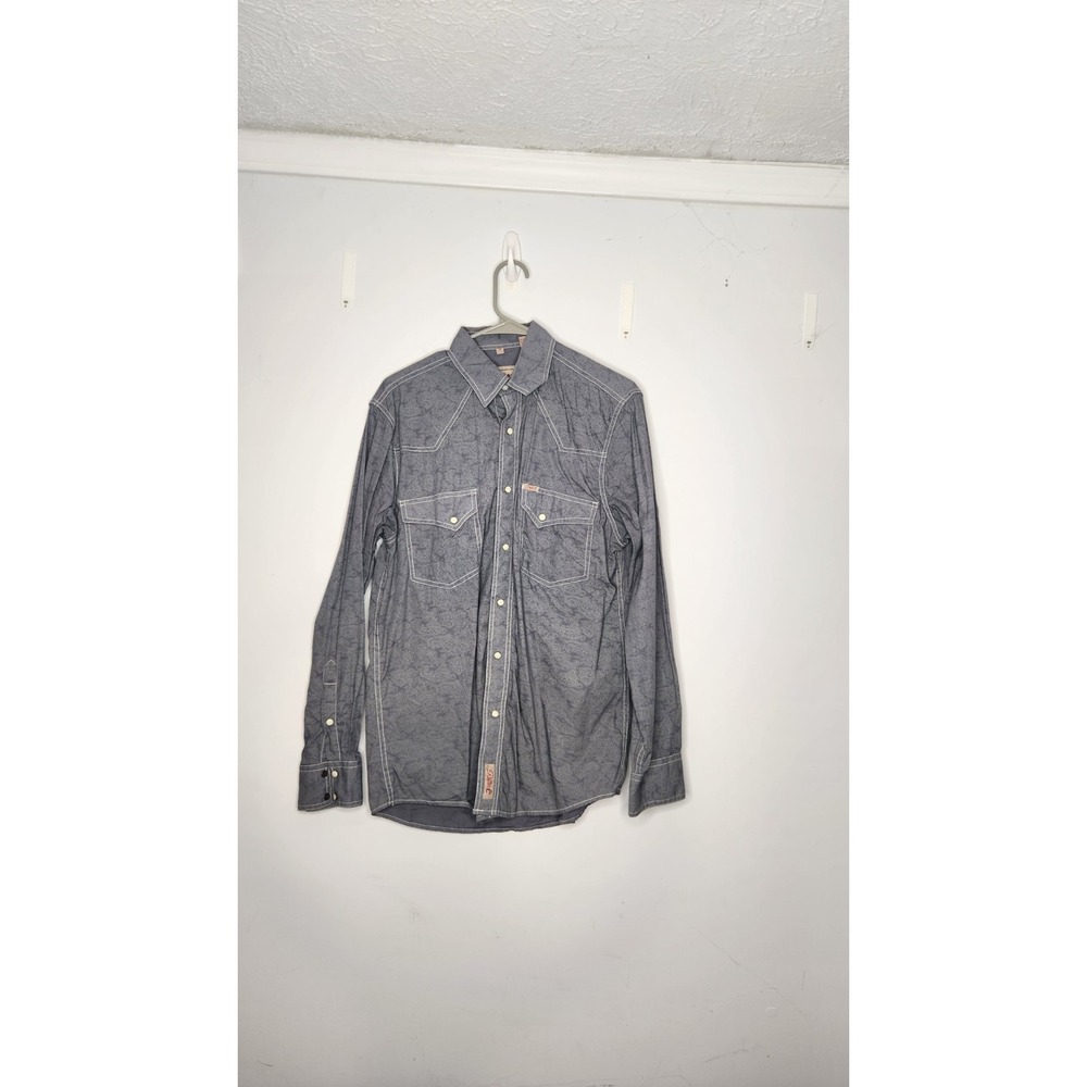 Rafter C Cowboy Collection Blue Patterned Long Sleeve Pearl Snap Up Shirt Medium